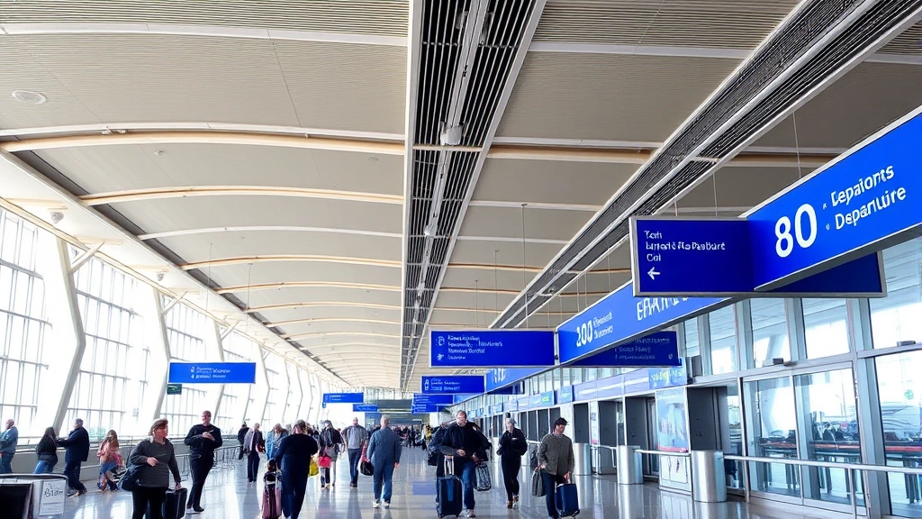 Boston Logan Airport departure hall with modern architecture, blue departure signs, travelers with luggage, bright natural lighting, no close-up text