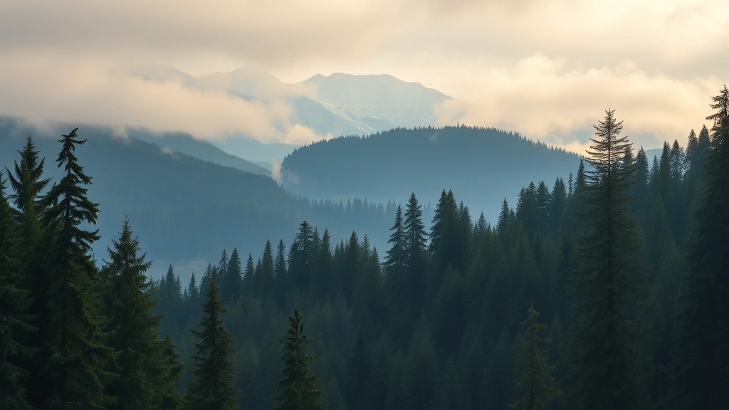 Pacific Northwest forest landscape with evergreen trees and misty mountains near Seattle, serene nature scene, cinematic lighting, travel destination aesthetic