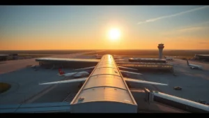 Aerial view of Baltimore Washington International Airport terminal with morning sunlight, aircraft visible on tarmac, modern architecture