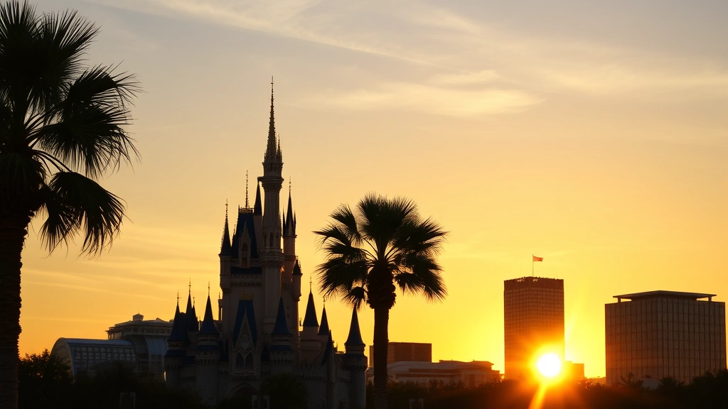 Sunset over Orlando skyline with theme park castle silhouette, palm trees, and warm golden light reflecting off glass buildings