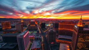 Aerial view of Las Vegas Strip at sunset with neon lights and desert landscape, vibrant colors reflecting on glass buildings, wide-angle perspective