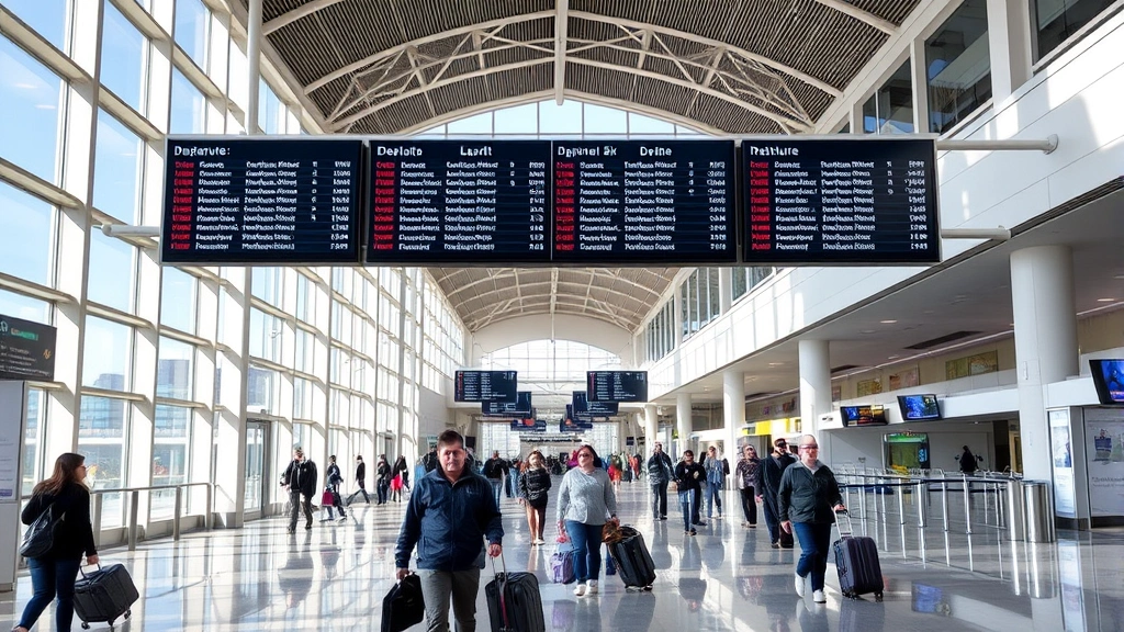 Charlotte Douglas International Airport terminal interior with modern architecture, travelers with luggage, departure boards showing flight information, natural daylight through large windows