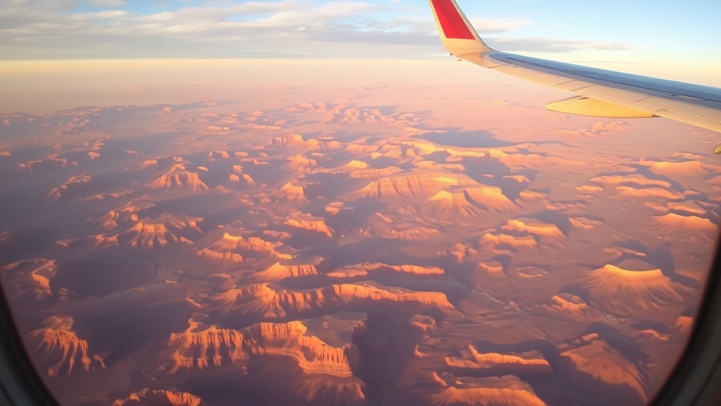 Airplane window view of desert landscape below during flight, golden hour lighting, vast canyons and formations visible, sense of journey and adventure