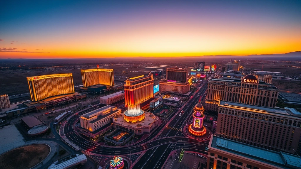 Aerial view of Las Vegas Strip at sunset with glowing casinos and fountains, desert landscape surrounding the city, vibrant neon lights reflecting off buildings, wide-angle perspective showing multiple iconic hotels and attractions