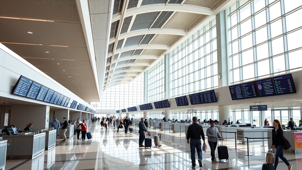 Charlotte Douglas International Airport modern terminal interior with check-in counters, departure boards, and passengers walking with luggage, natural daylight streaming through large windows, contemporary architecture and clean design