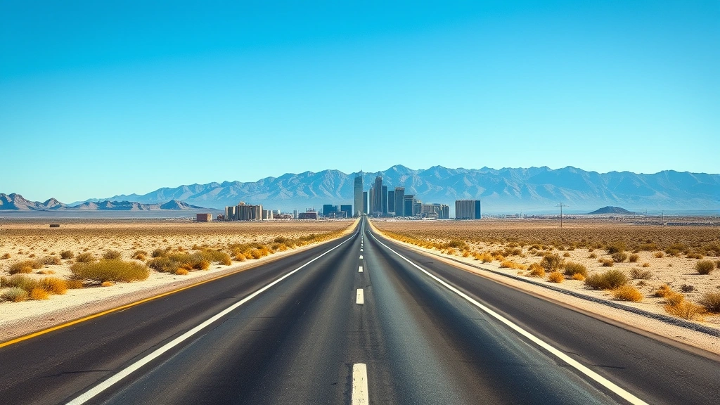 Desert highway stretching toward Las Vegas skyline in distance, mountains on horizon, clear blue sky, road markings visible, suggesting road trip journey and adventure to the city