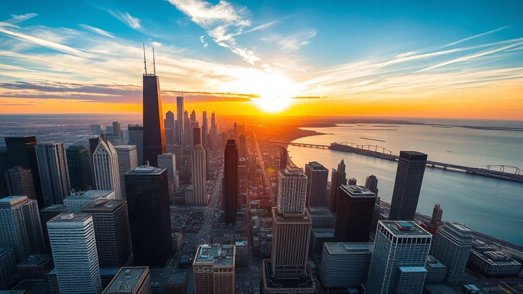 Overhead view of Chicago skyline at sunset with Lake Michigan reflecting golden hour light, urban landscape perspective