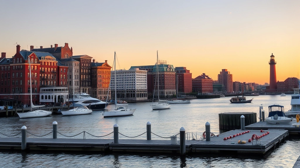 Boston Harbor waterfront with historic brick buildings, sailboats, and lighthouse beacon at golden hour, New England coastal charm