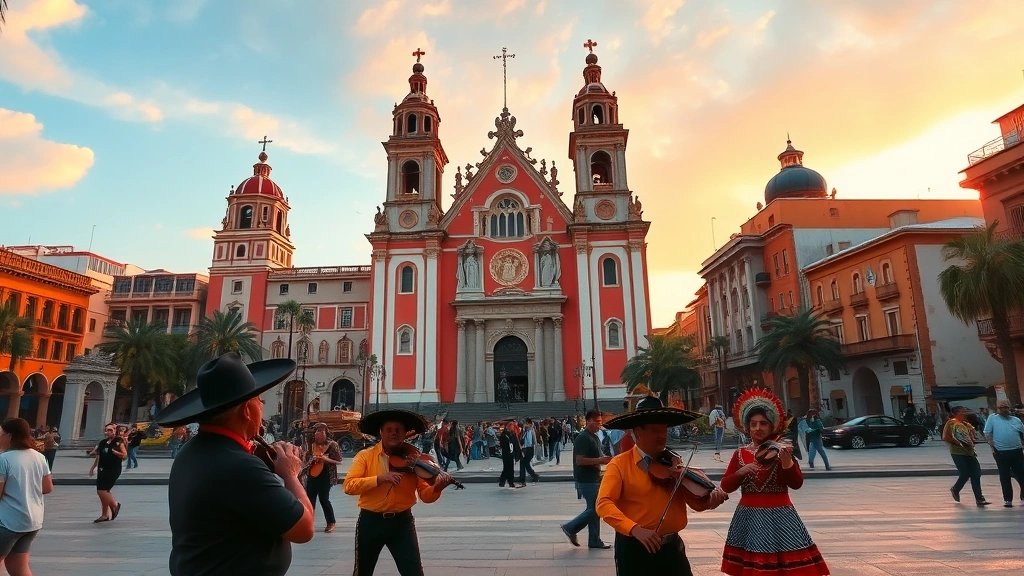Vibrant Guadalajara cathedral at sunset with colorful colonial buildings and plaza, warm golden light, street scene with mariachi musicians in traditional attire, bustling authentic Mexican atmosphere