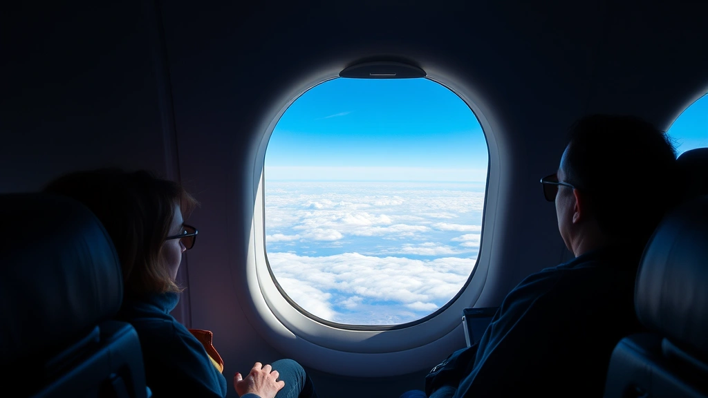 Modern airplane cabin interior during flight with passengers, window seat view of clouds and landscape below, contemporary aircraft interior, realistic travel experience photography