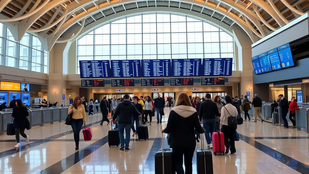 Chicago O'Hare or Midway airport terminal with travelers, departure boards, modern airport architecture, busy travel hub with diverse passengers checking in and walking with luggage