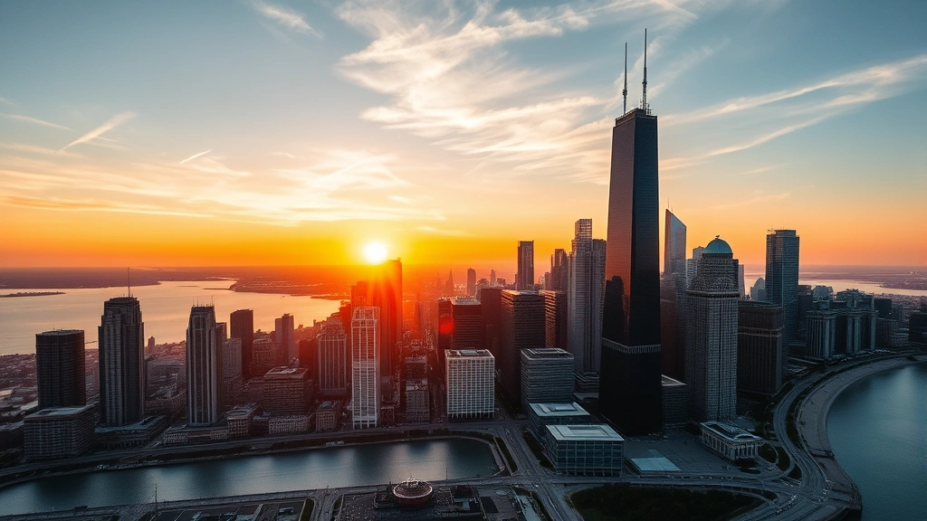 Aerial view of Chicago skyline with Lake Michigan during golden hour sunset, vibrant cityscape with Willis Tower prominent, professional travel photography style