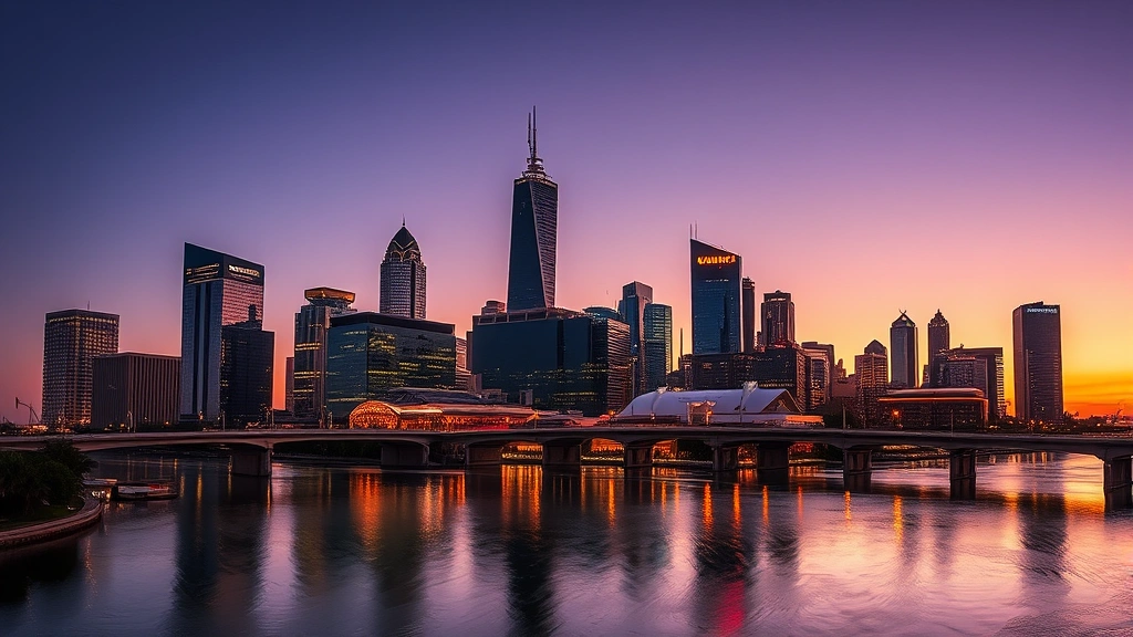 Downtown Houston skyline at dusk with illuminated skyscrapers reflected in bayou water, modern urban landscape, warm evening lighting
