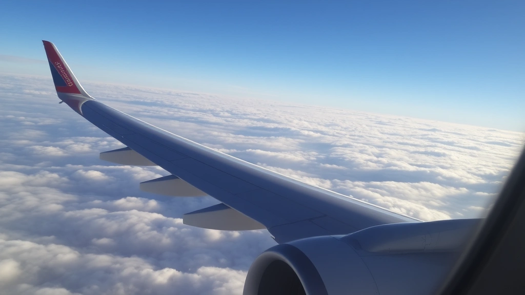 Commercial airplane wing and engine in flight over clouds during daylight, perspective from window seat, clear atmospheric conditions