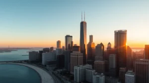 Aerial view of downtown Chicago skyline with Lake Michigan at sunset, modern skyscrapers reflecting golden light, clear sky, photorealistic travel photography