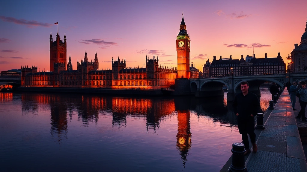 Big Ben and Houses of Parliament reflected in Thames River at golden hour, London bridge in background, tourists walking along embankment, vibrant atmospheric lighting