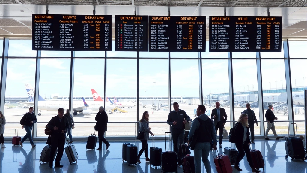Interior of modern airport terminal with departure boards, travelers with luggage, large windows showing aircraft on tarmac, bright contemporary architecture, busy travel scene