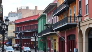 Historic New Orleans French Quarter with colorful colonial architecture, wrought iron balconies, gas lamps, and bustling street scene during daytime, photorealistic, no signs or text