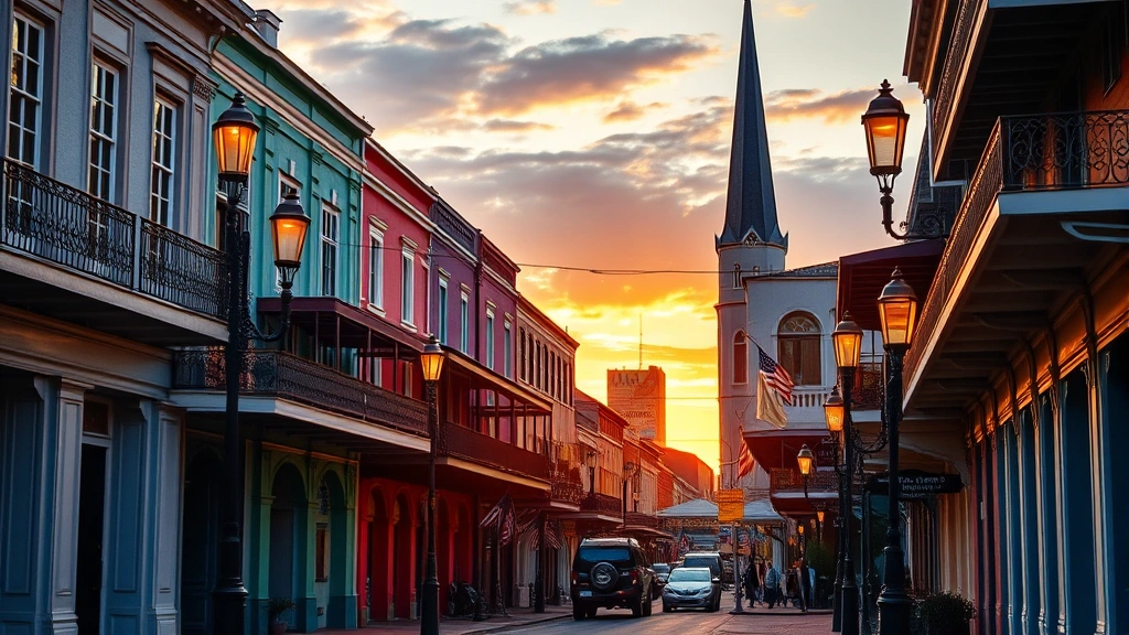 Vibrant street scene in New Orleans with historic architecture, colorful buildings, and atmospheric street lamps during golden hour, no text or signs visible