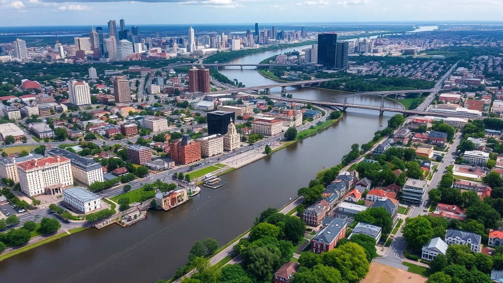 Aerial view of New Orleans cityscape with Mississippi River bending through downtown, historic neighborhoods, and lush green spaces, no text visible