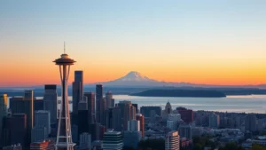Aerial view of Seattle skyline with Space Needle and Puget Sound at sunset, Mount Rainier visible in background, photorealistic, vibrant colors, travel photography style