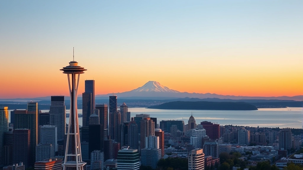 Aerial view of Seattle skyline with Space Needle and Puget Sound at sunset, Mount Rainier visible in background, photorealistic, vibrant colors, travel photography style