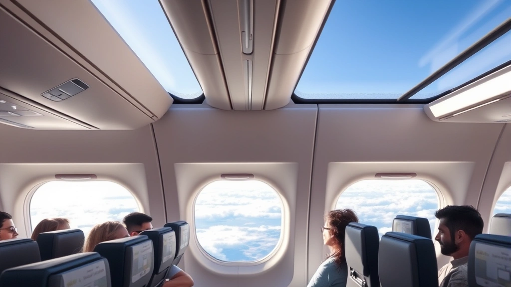 Modern airplane cabin interior during flight with passengers, window view of clouds and landscape below, bright natural light, realistic travel photography