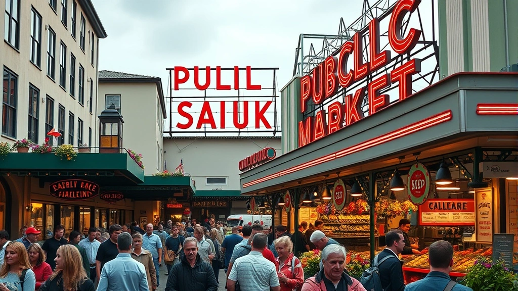 Seattle Pike Place Market bustling with crowds, colorful market stalls and flowers, iconic neon sign visible, daytime, photorealistic urban travel photography