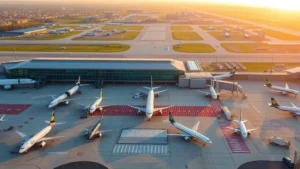 Aerial view of Cleveland Hopkins International Airport tarmac with commercial aircraft parked at gates, modern terminal building visible, morning golden hour lighting