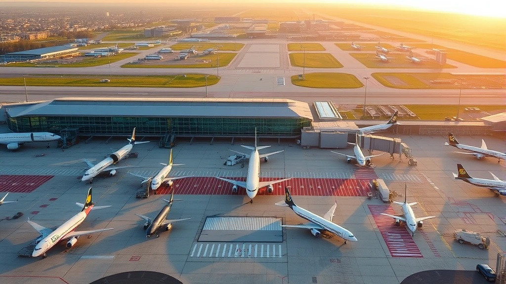 Aerial view of Cleveland Hopkins International Airport tarmac with commercial aircraft parked at gates, modern terminal building visible, morning golden hour lighting