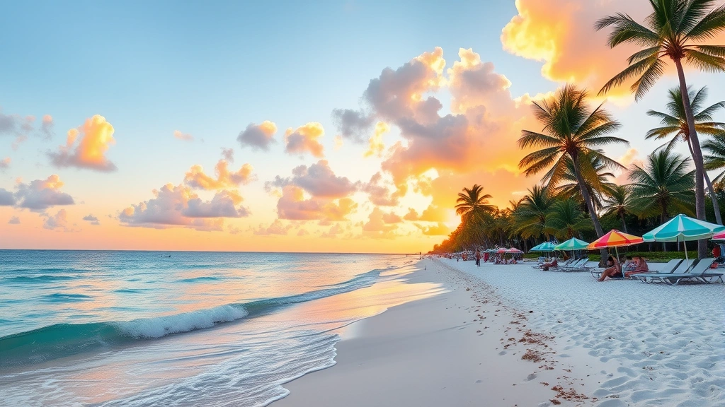 Miami beach with turquoise waters, white sand, and palm trees at sunset with colorful beach umbrellas and beachgoers enjoying the tropical paradise