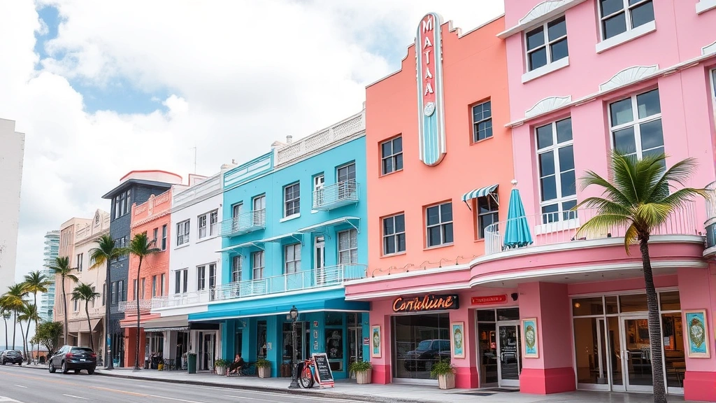 Vibrant Miami art deco buildings with pastel pink and blue facades along Ocean Drive with street-level shops, restaurants, and Art Deco architectural details