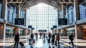 Denver International Airport terminal interior with modern architecture, travelers walking with luggage, natural light streaming through large windows, vibrant and welcoming atmosphere