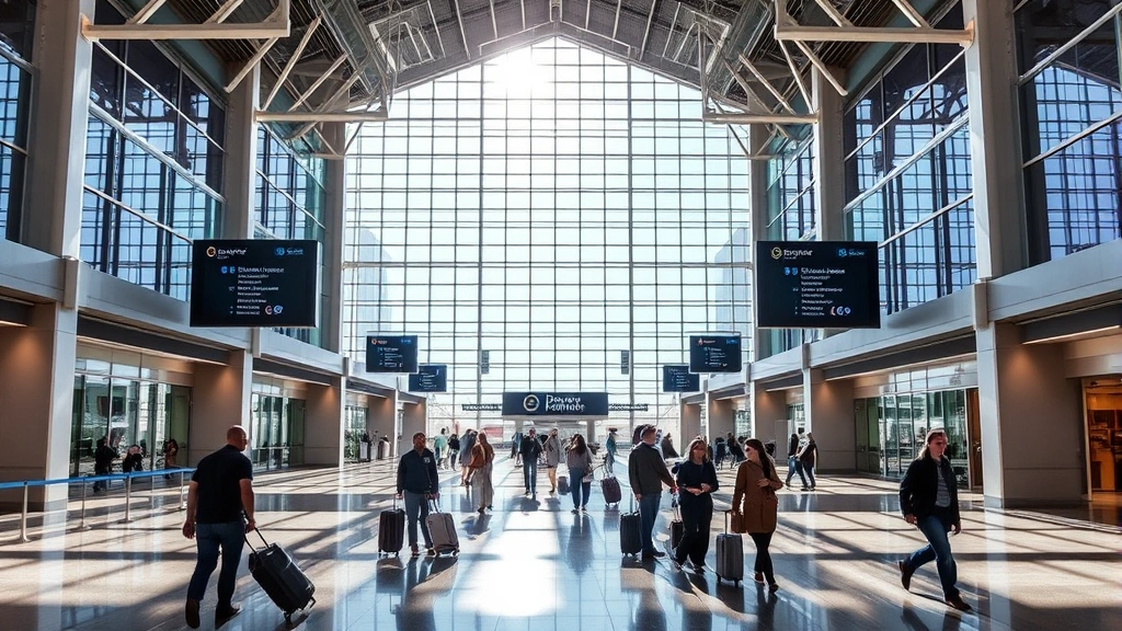 Denver International Airport terminal interior with modern architecture, travelers walking with luggage, natural light streaming through large windows, vibrant and welcoming atmosphere
