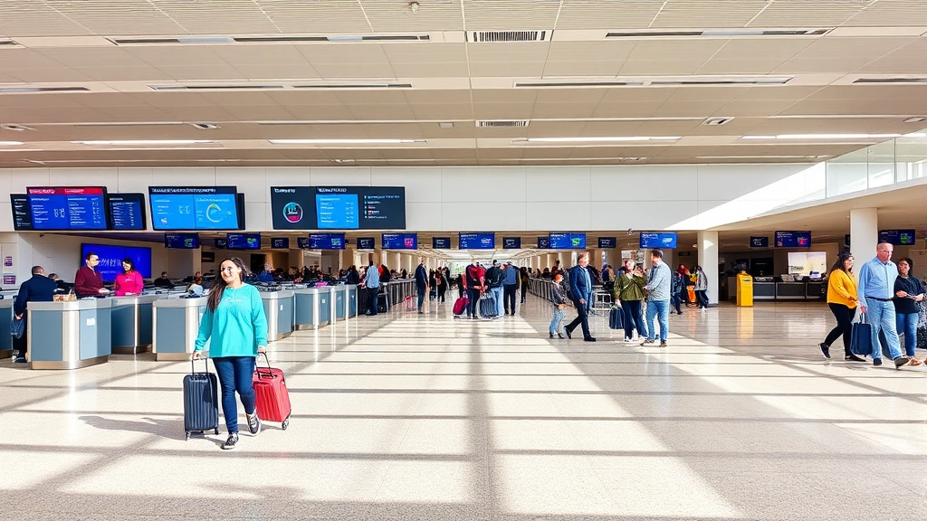 Dallas Love Field airport departure hall with check-in counters, passengers with carry-on bags, bright modern terminal design, bustling travel activity