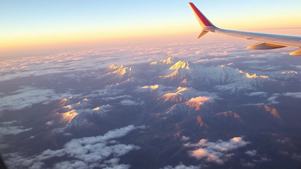 Colorado mountain landscape from airplane window at sunset, golden hour light on Rocky Mountains peaks, fluffy clouds, stunning aerial view of Denver region