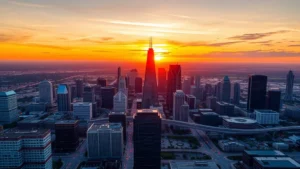 Aerial view of Dallas skyline with downtown towers and highways during golden hour sunset, vibrant city lights reflecting off glass buildings, Texas landscape visible