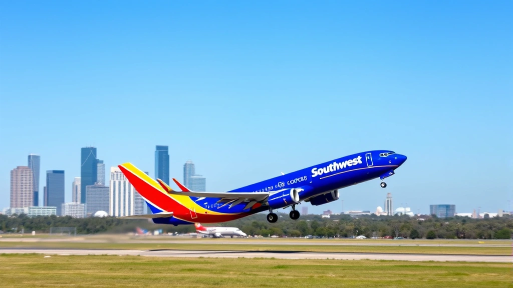 Southwest Airlines Boeing 737 taking off from runway with Houston skyline in background, clear blue sky, dynamic motion capture showing aircraft ascending