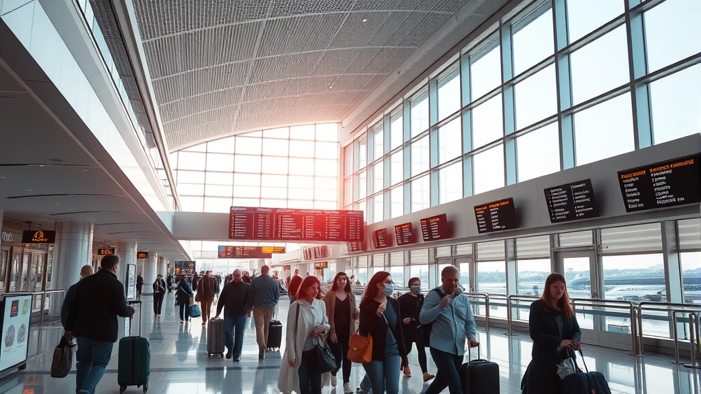 Inside airport terminal with departure boards, passengers walking with luggage, modern airport architecture, natural light from windows, busy travel atmosphere