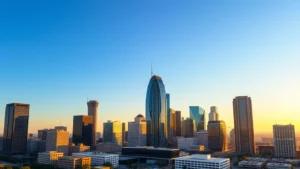 Dallas skyline at sunrise with modern skyscrapers and clear blue sky, aerial cityscape photography