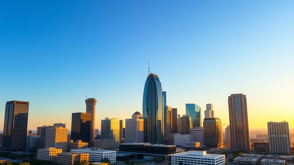 Dallas skyline at sunrise with modern skyscrapers and clear blue sky, aerial cityscape photography