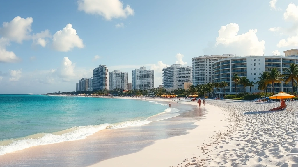 Miami beach with turquoise water, white sand, and Art Deco buildings in background, tropical coastal paradise