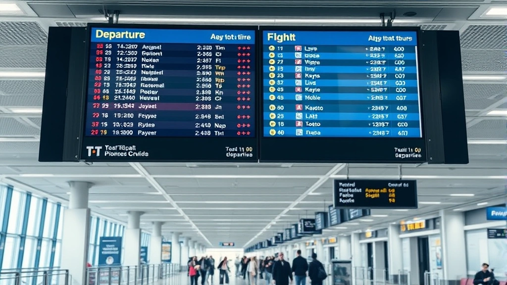 Airport departure board showing flight times and gates, modern terminal interior with travelers, professional travel photography