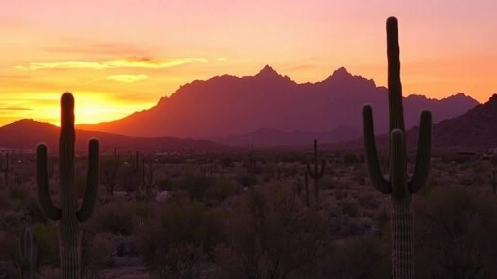 Phoenix desert landscape at golden hour with Camelback Mountain silhouette, warm orange and purple sky, saguaro cacti in foreground, no text or signs visible