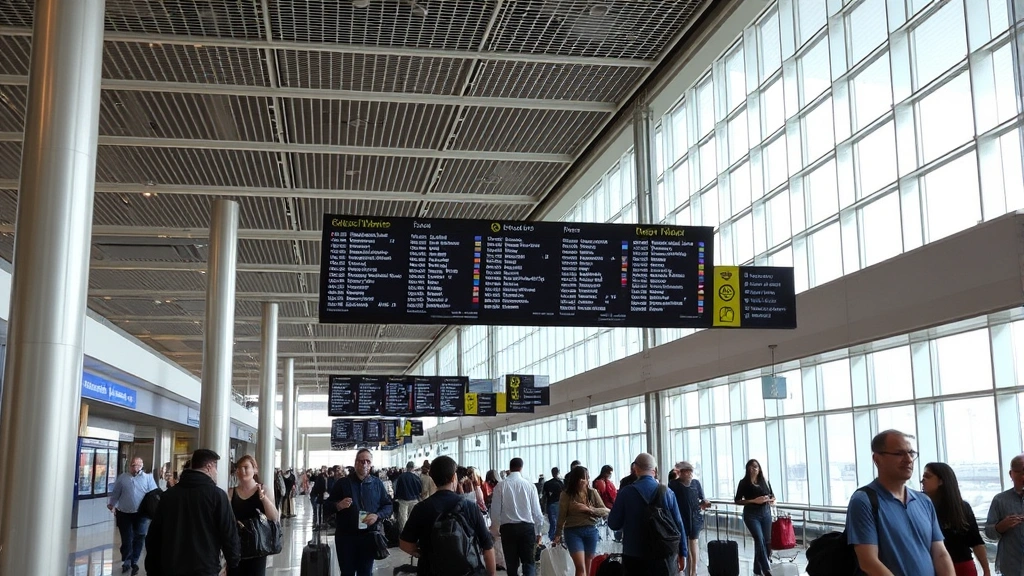 Busy Dallas-Fort Worth International Airport terminal interior with modern architecture, travelers with luggage, departure boards visible but text illegible, bright natural lighting through windows
