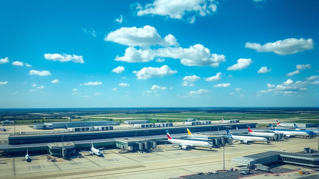 Aerial view of Dallas-Fort Worth International Airport with multiple aircraft parked at gates, modern terminal buildings visible, blue sky with scattered clouds, daytime photography