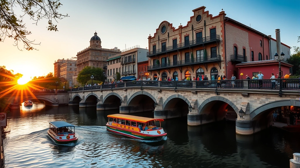 San Antonio River Walk at sunset with historic buildings reflected in calm water, colorful boats passing under stone bridges, warm golden light, festive atmosphere with tourists