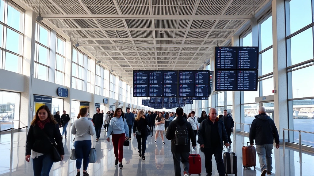 Interior of modern airport terminal with travelers walking through concourse, departure boards displaying flight information, natural lighting from large windows, contemporary architecture with clean lines