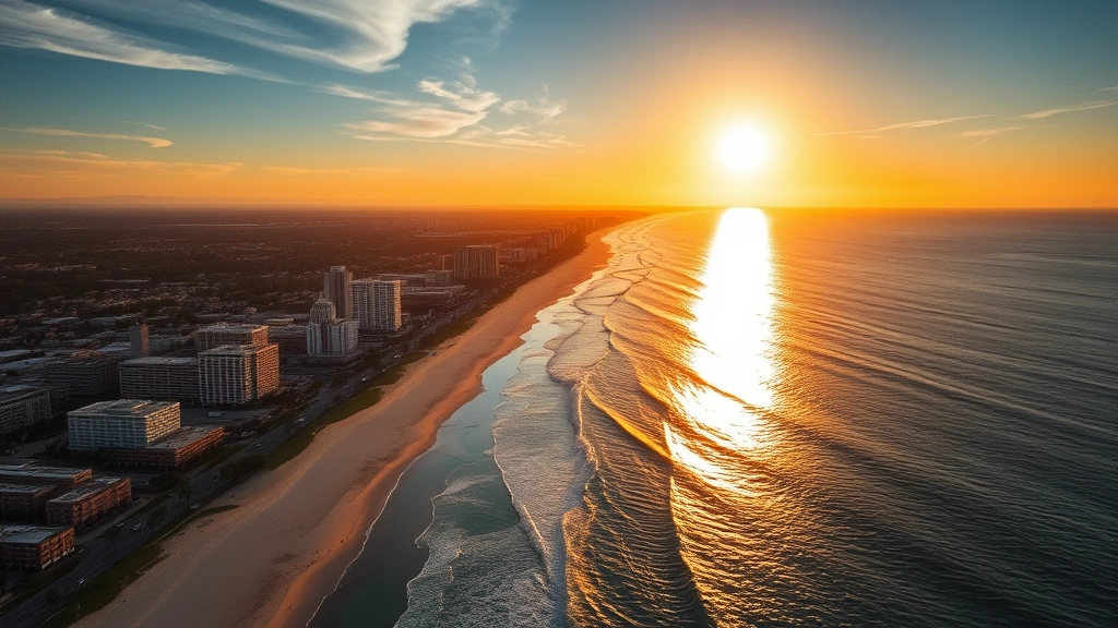Aerial view of San Diego coastline with pristine beaches, downtown skyline, and Pacific Ocean sunset reflecting golden light on water