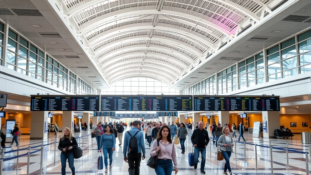 Busy Dallas Fort Worth International Airport terminal interior with travelers walking, departure boards displaying flight information, modern architecture with natural lighting